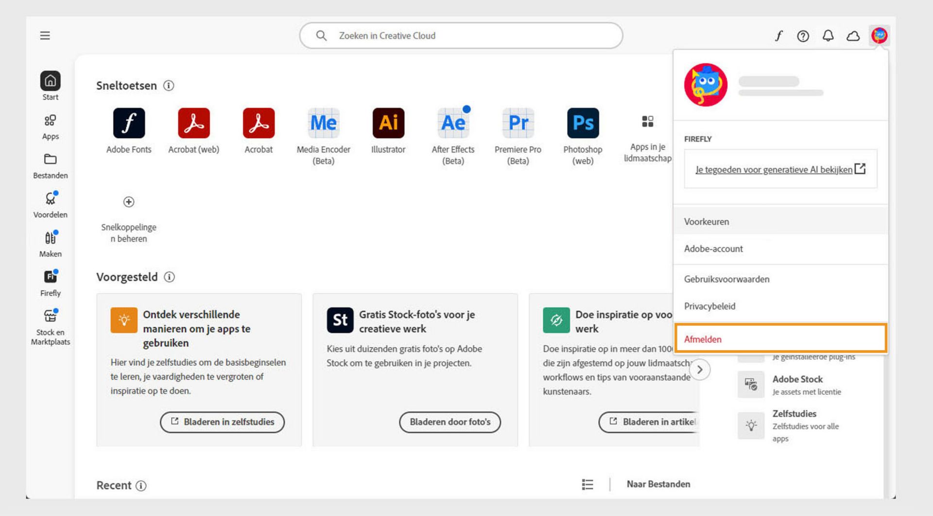 De button Account-menu in de rechterbovenhoek biedt de optie om je af te melden bij je Creative Cloud desktop-applicatie.