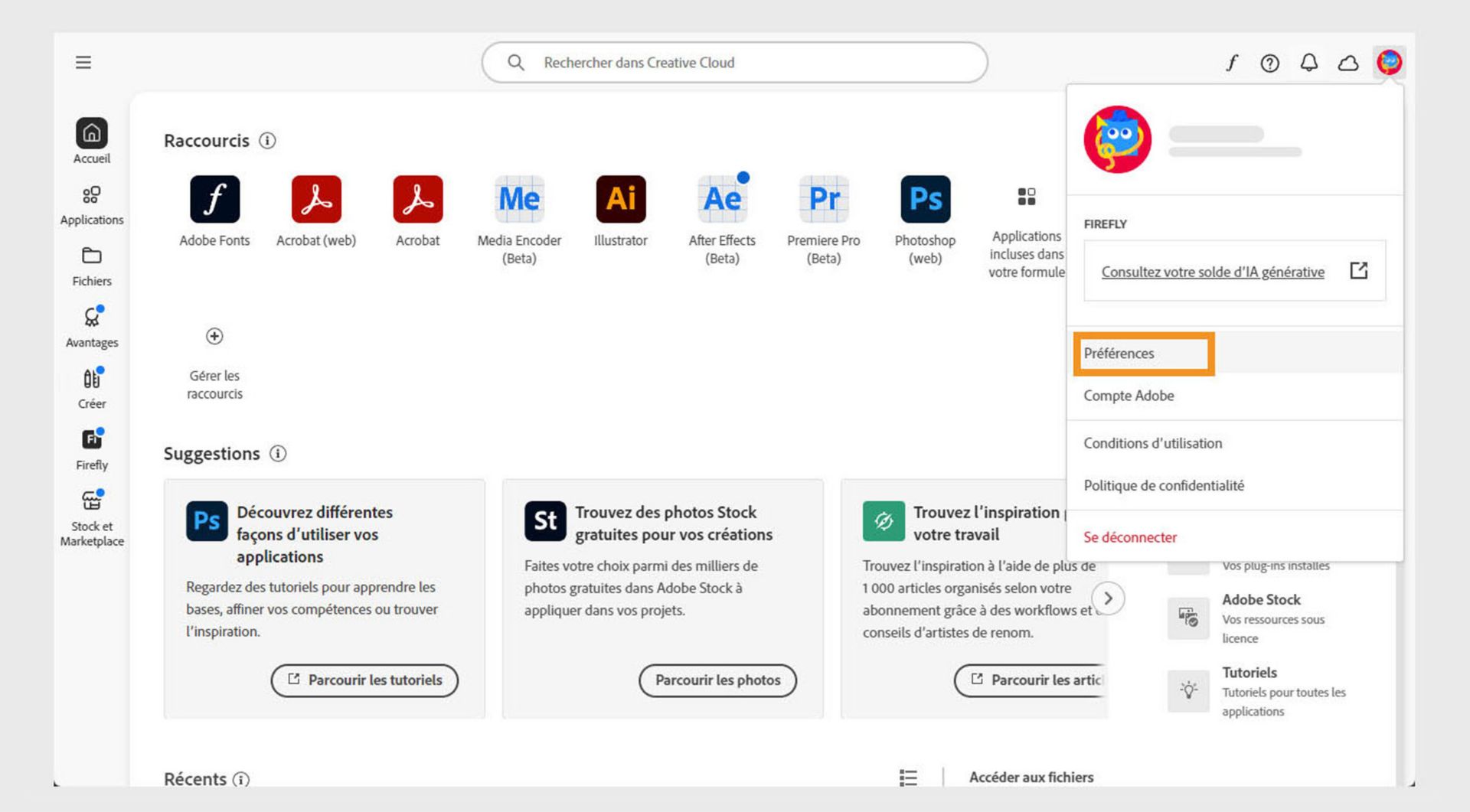L’icône de menu Compte dans l’angle supérieur droit de l’application de bureau Creative Cloud fournit l'option pour sélectionner les préférences d’application.