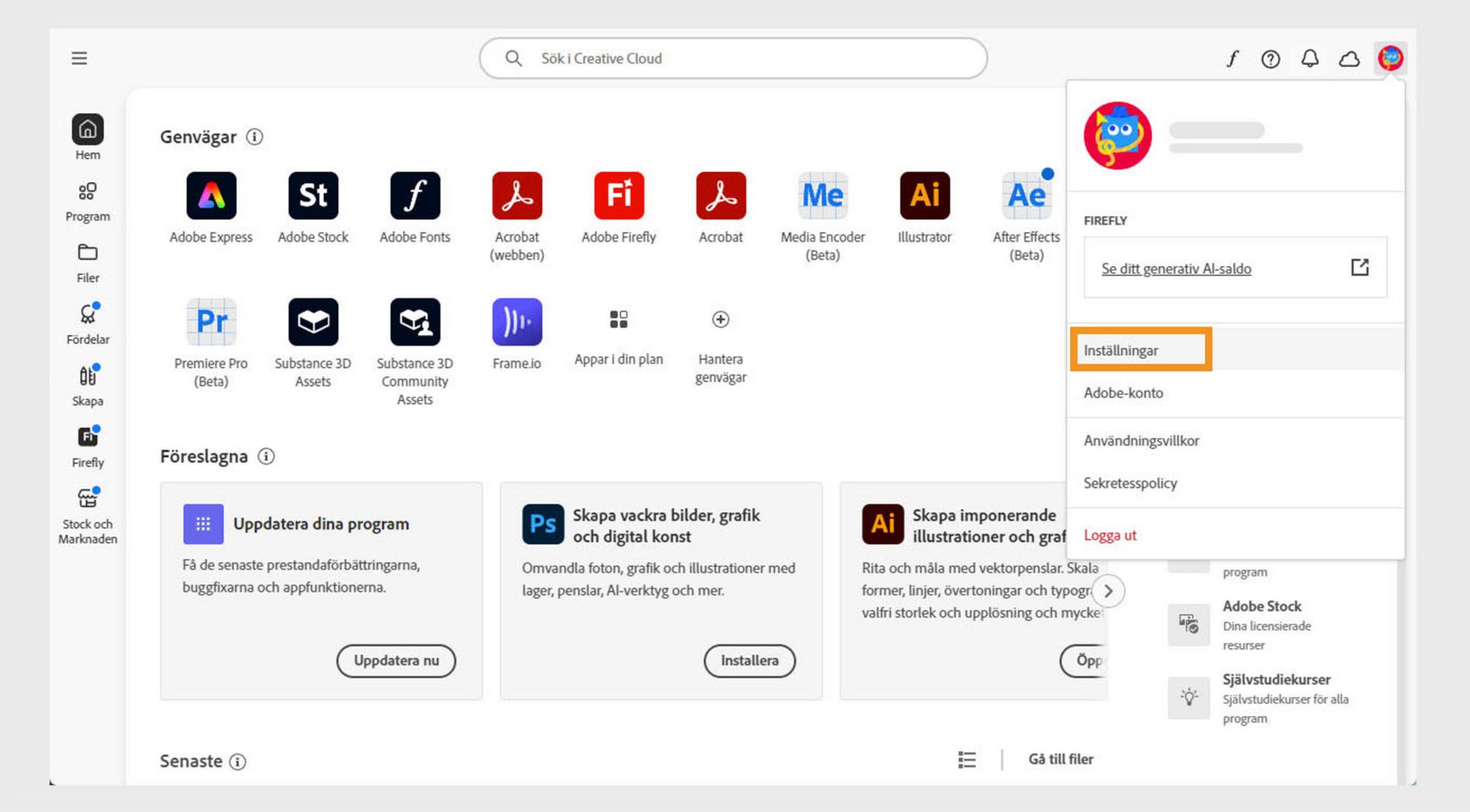 Kontomenyikonen i det övre högra hörnet av Creative Cloud-programmet ger alternativet att välja programinställningar.
