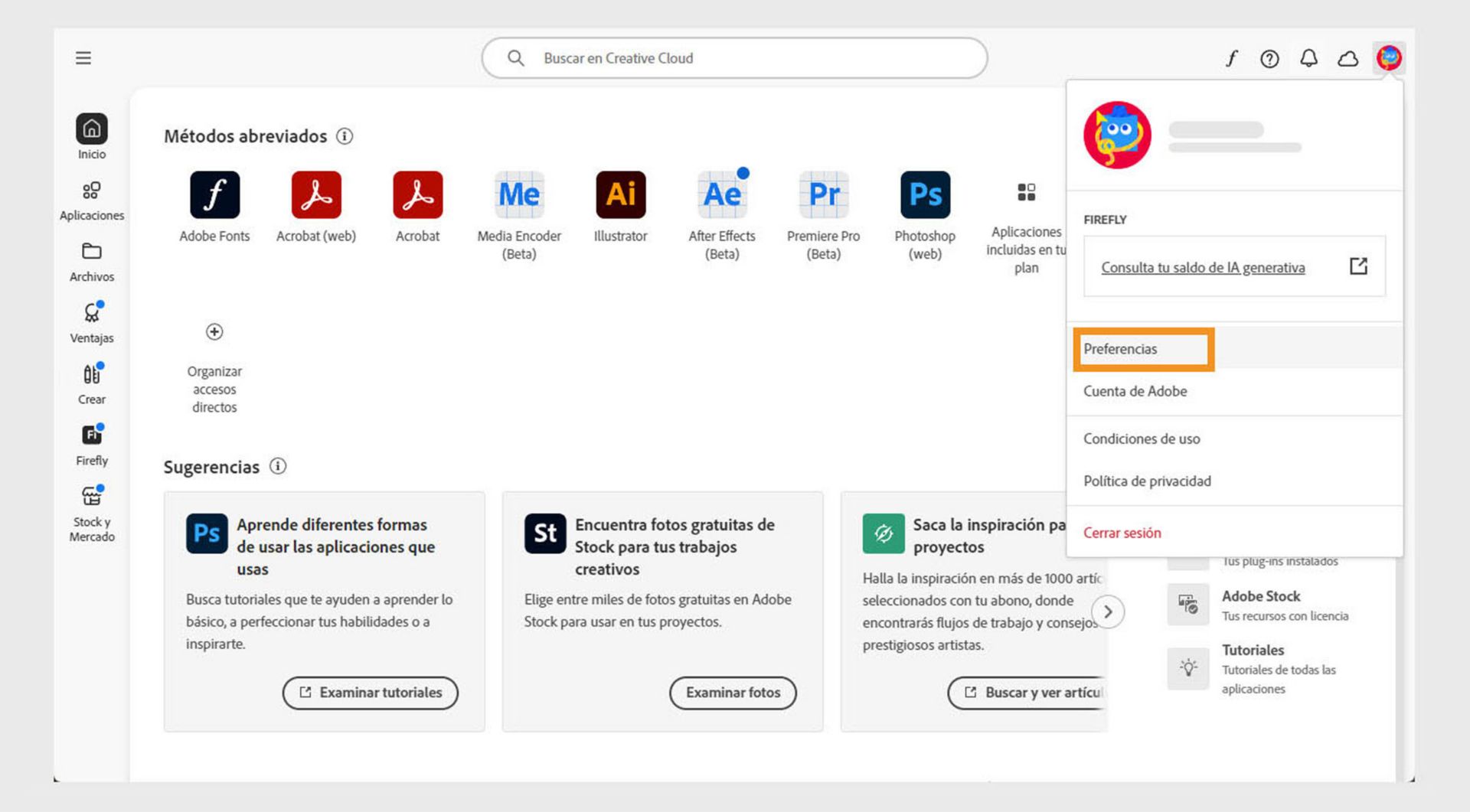 El icono del menú Cuenta en la esquina superior derecha de la aplicación de Creative Cloud proporciona la opción de seleccionar las preferencias de la aplicación.