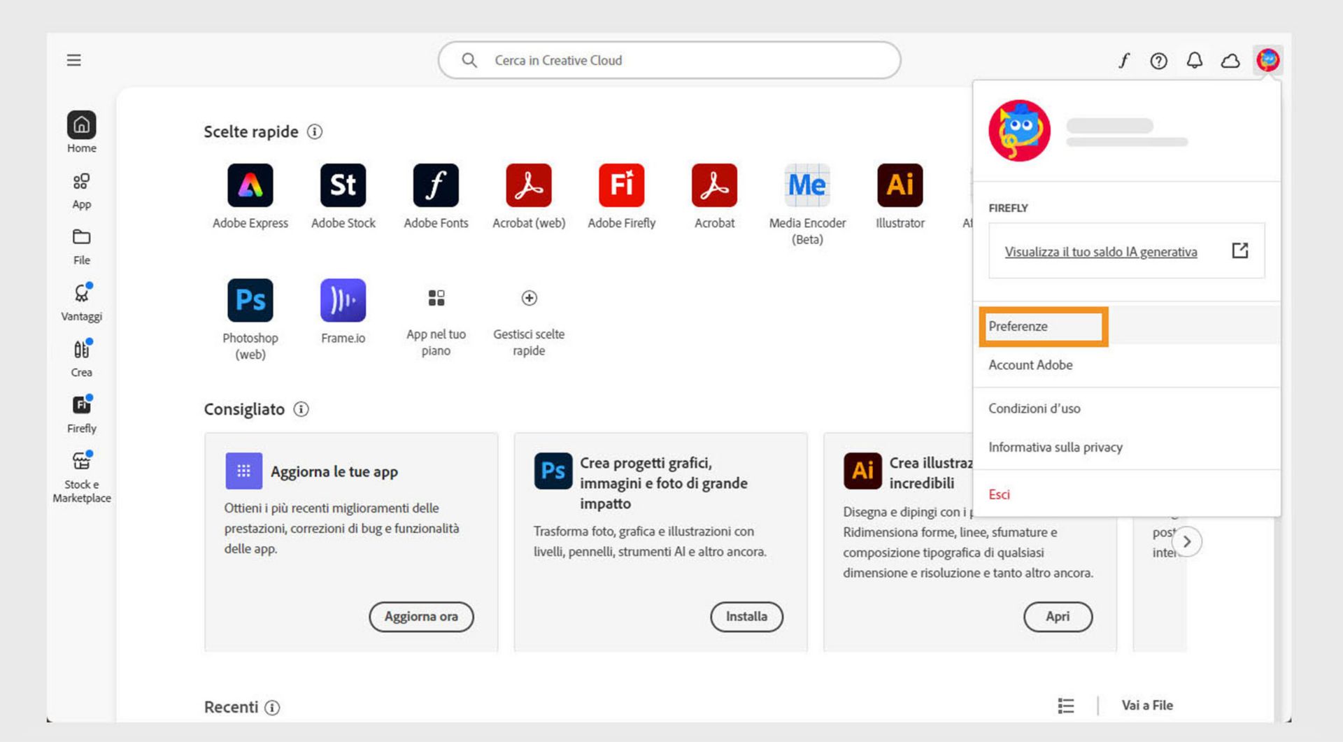 L'icona del menu Account nell'angolo in alto a destra dell'app Creative Cloud fornisce l'opzione per selezionare le preferenze dell'Applicazione.