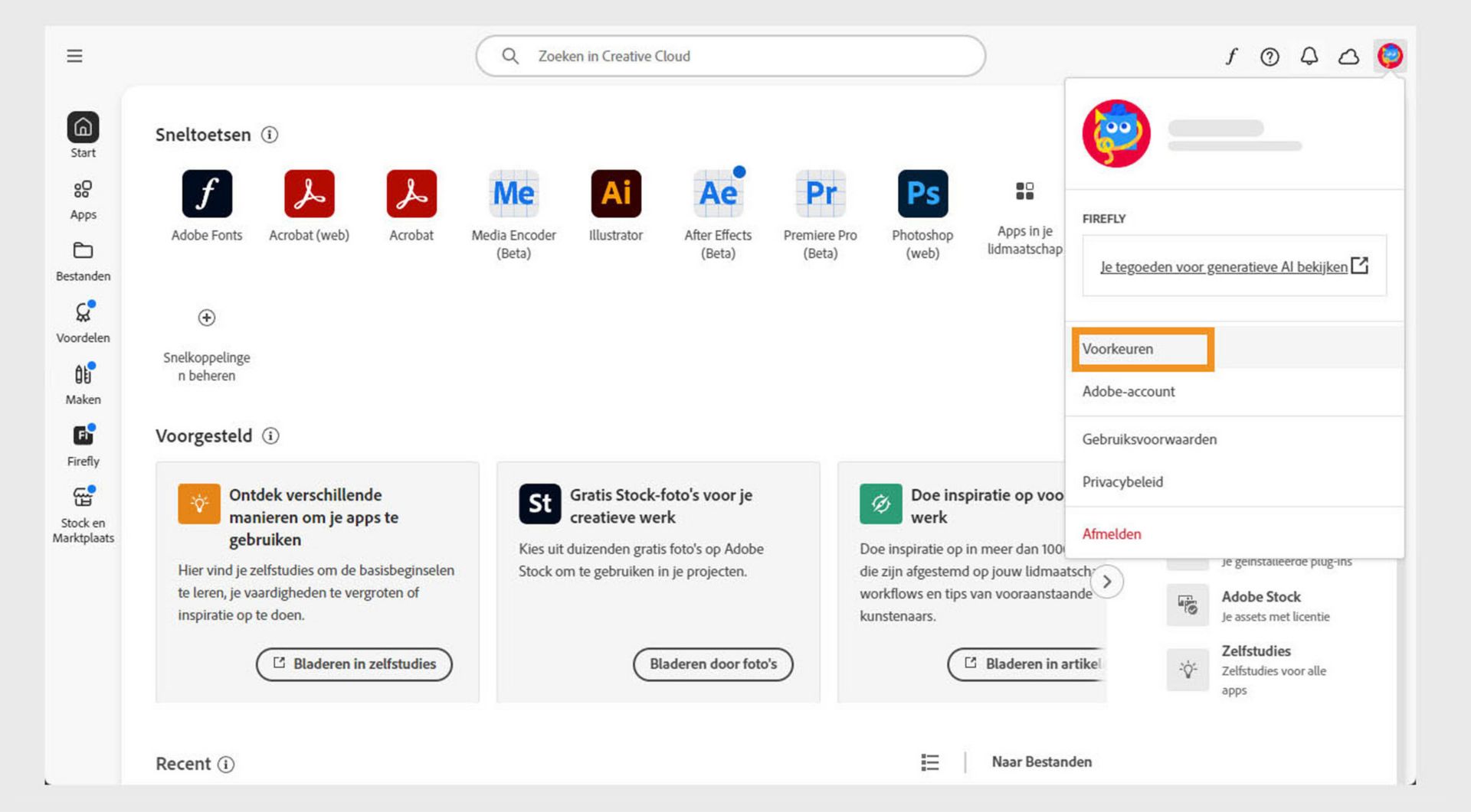 Het pictogram Account-menu in de rechterbovenhoek van de Creative Cloud desktop-applicatie biedt de optie om applicatievoorkeuren te selecteren.