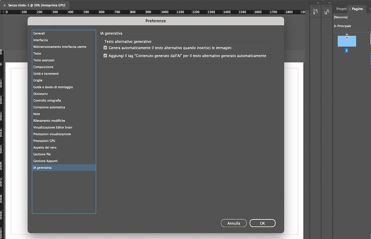 Una schermata della scheda IA generativa nel pannello Preferenze che mostra le opzioni per il alternativo generativo.