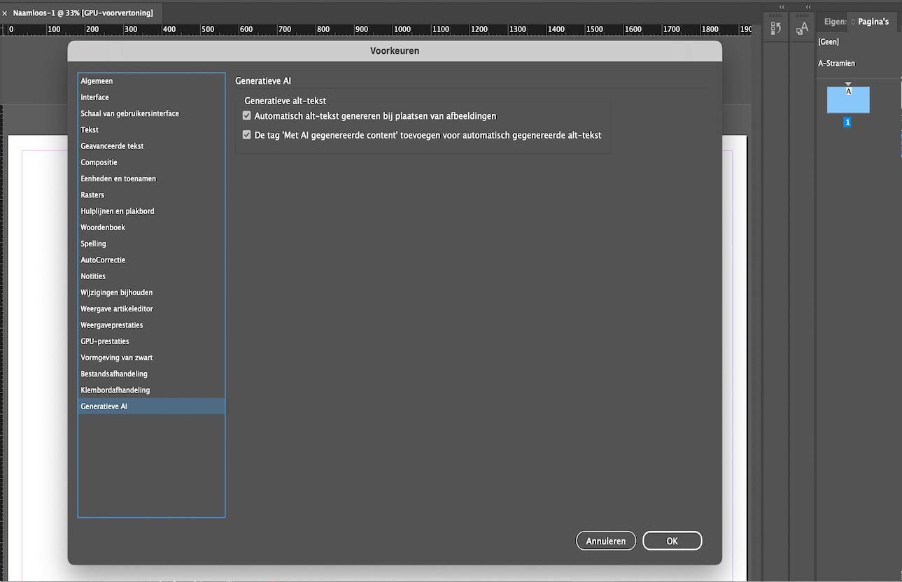 Een screenshot van het tabblad Generatieve AI in het deelvenster Voorkeuren met de opties Generatieve alt-tekst.