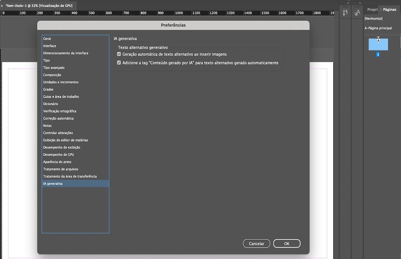 Uma captura de tela da guia IA Generativa no painel Preferências, mostrando as opções de Texto Alternativo Generativo.