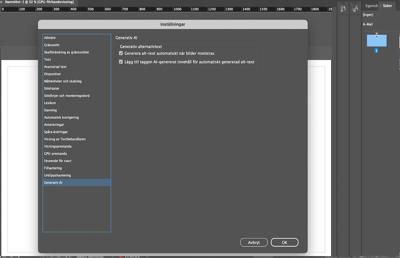 En skärmbild av fliken Generativ AI i panelen Inställningar som visar alternativen för generativ alternativtext.