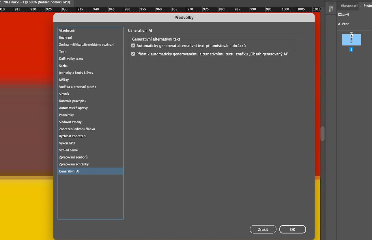 Snímek obrazovky karty Generativní AI v panelu Předvolby zobrazující možnosti pro generativní alternativní text.