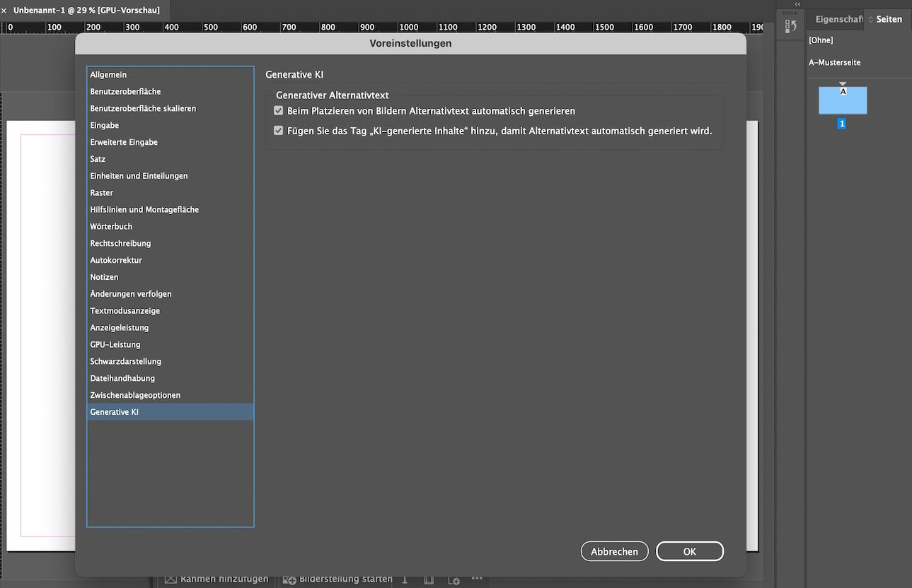 Ein Screenshot, der die Registerkarte „Generative KI“ im Bedienfeld „Voreinstellungen“ mit den Optionen zum Generieren von Alt-Text zeigt.