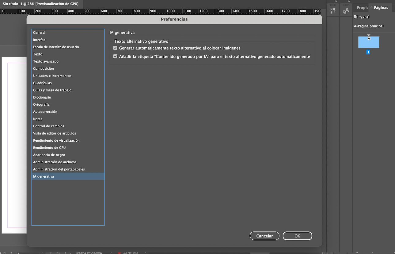 Una captura de pantalla de la pestaña IA generativa en el panel Preferencias que muestra las opciones de Texto alternativo generativo.