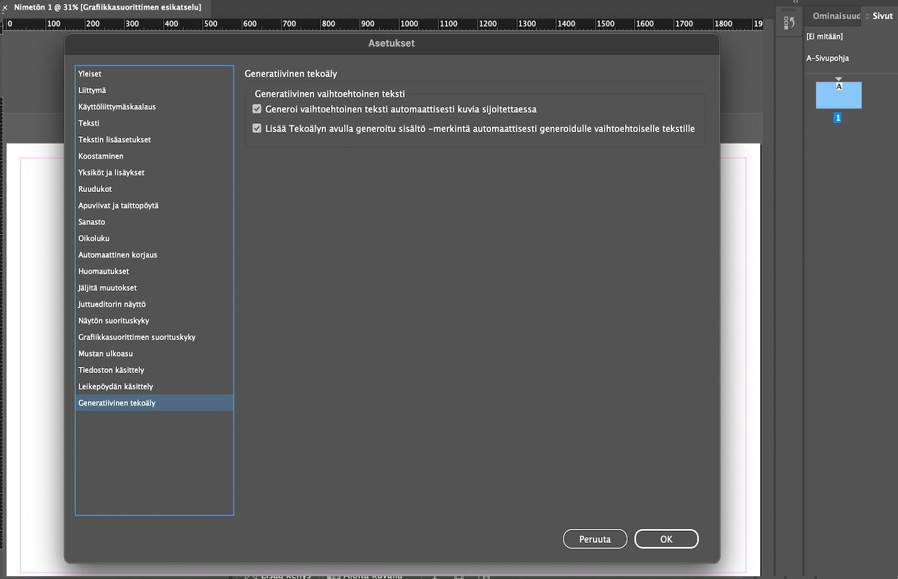 Näyttökuva Asetukset-paneelin Generatiivinen tekoäly -välilehdestä, jossa näkyvät generatiivisen vaihtoehtoisen tekstin asetukset.