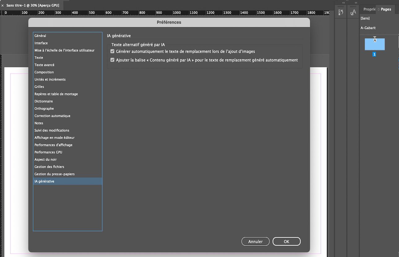 Copie d’écran de l’onglet IA générative dans le panneau Préférences montrant les options de texte de remplacement génératif.