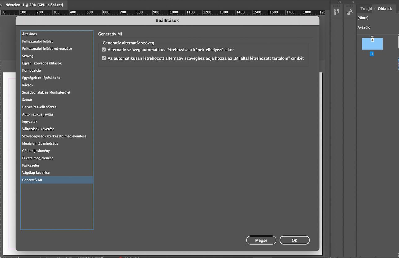 A Generatív MI lap képernyőképe a Beállítások panelen, amely megjeleníti a Generatív alternatív szöveg beállításait.