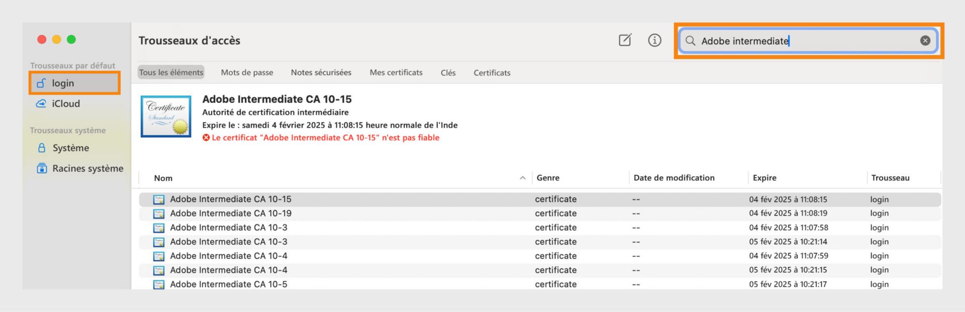 Une copie d’écran de l’application Trousseaux d’accès répertoriant les détails des Certificats et des trousseaux d’accès associés.