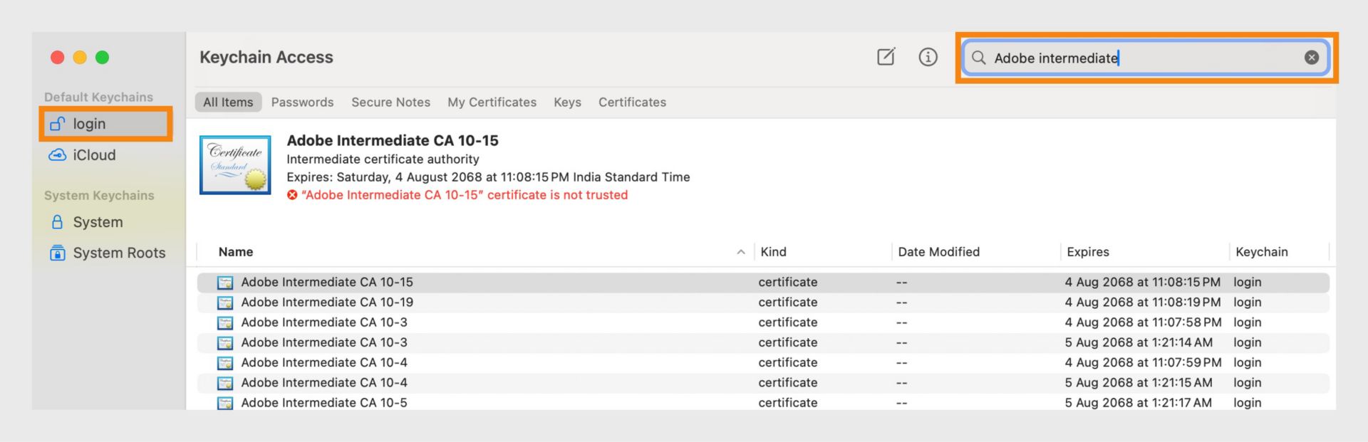 O captură de ecran a aplicației Keychain Access care listează detalii despre Certificate și lanțurile de chei asociate.