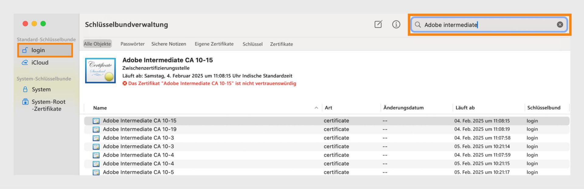 Ein Screenshot der Anwendung Keychain Access mit Details zu Zertifikaten und zugehörigen Schlüsselbunden.