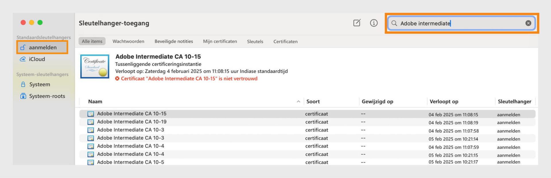 Een screenshot van de toepassing Keychain Access met details over certificeringen en bijbehorende keychains.