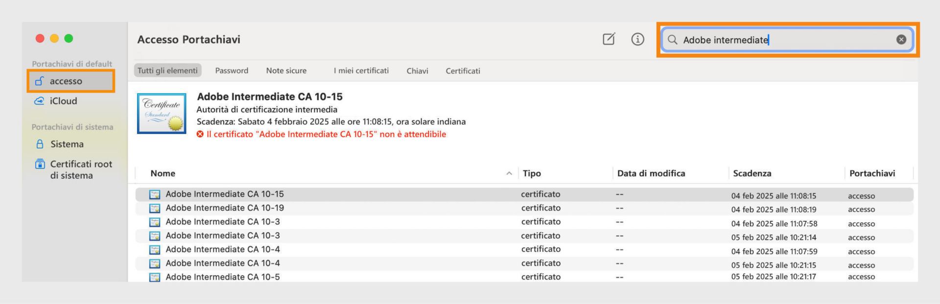 Una schermata dell’applicazione Accesso portachiavi che elenca i dettagli dei certificati e dei portachiavi associati.