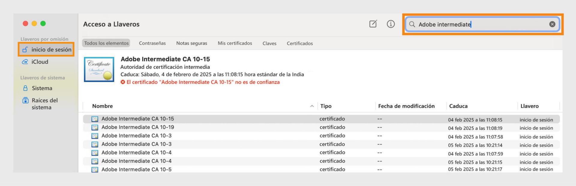 Captura de pantalla de la aplicación Acceso a Llaveros que muestra detalles de certificados y llaveros asociados.