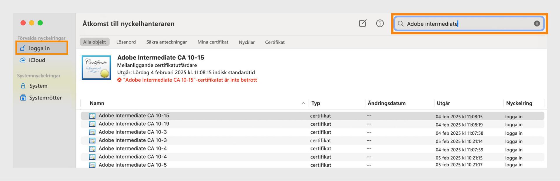 En skärmdump av appen för nyckelringsåtkomst som visar information om certifikat och associerade nyckelringar.