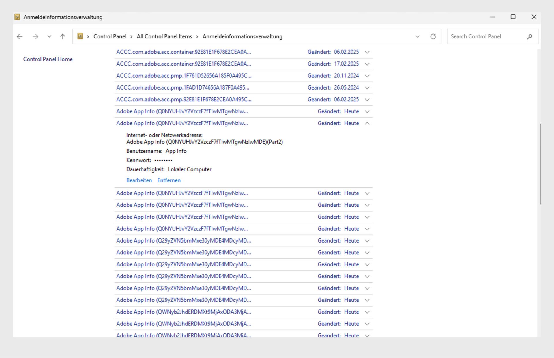 Ein Screenshot des Windows Control Panel Anmeldeinformationen-Managers zum Entfernen aller Zertifikate, die mit Adobe Anwender und Adobe Anwendung beginnen.