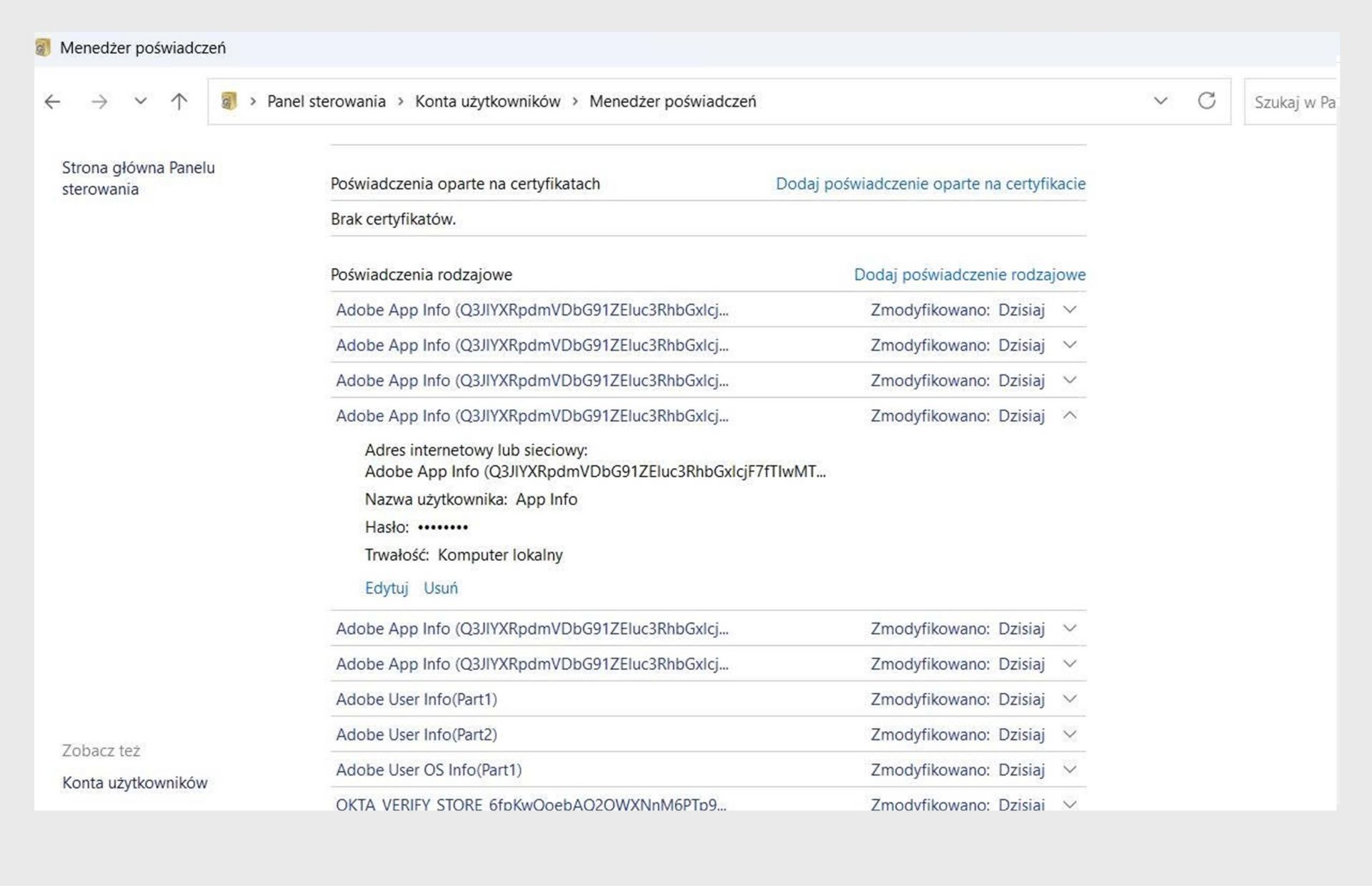 Zrzut ekranu Menedżera poświadczeń w Panelu sterowania systemu Windows, gdzie można usunąć wszystkie certyfikaty zaczynające się od Adobe User i Adobe App.