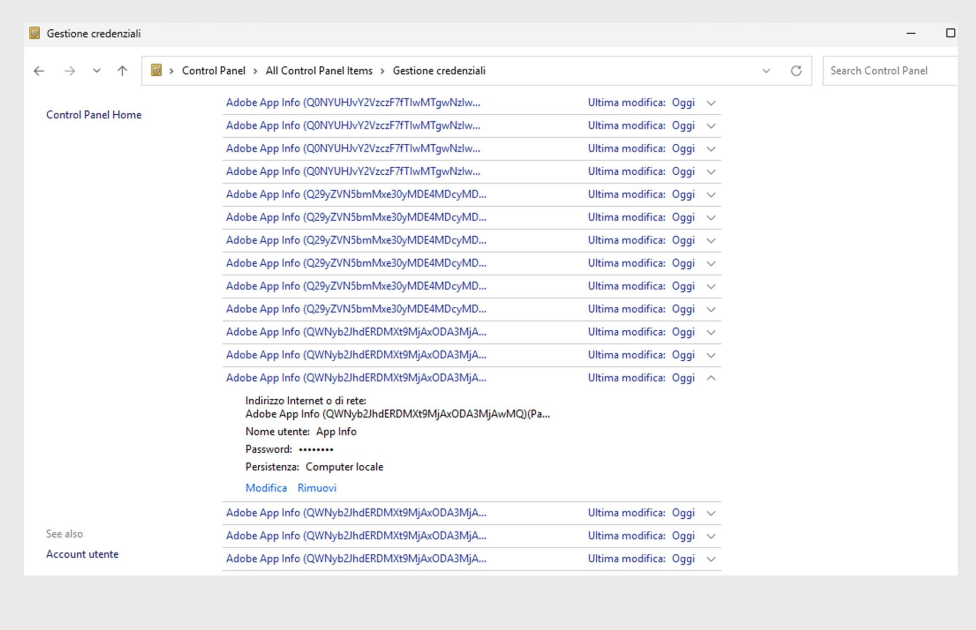 Una schermata del Pannello di controllo della Gestione credenziali di Windows per rimuovere tutti i certificati che iniziano con Adobe User e Adobe App.