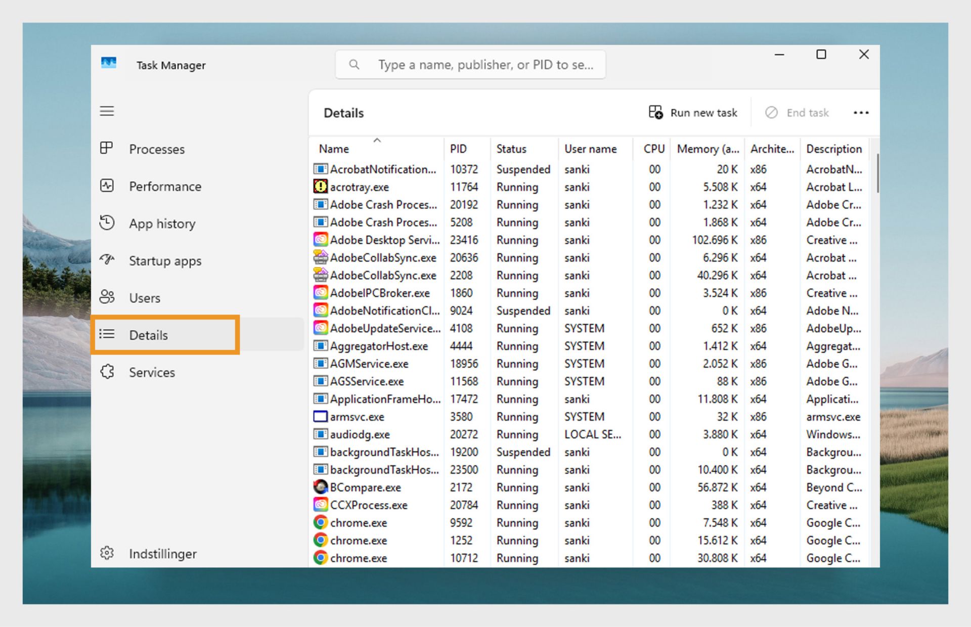 Et skærmbillede af Windows Jobliste i fanen Oplysninger, der viser en liste over kørende processer.