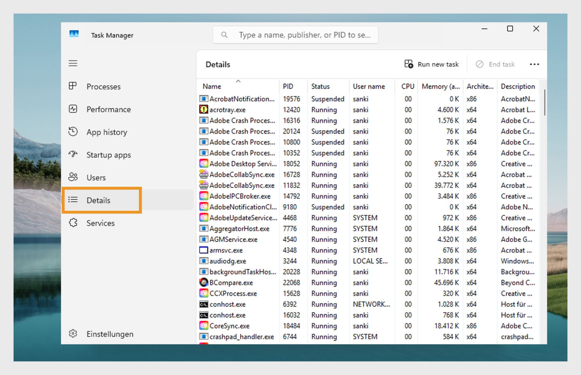 Ein Screenshot des Windows Task-Managers im Reiter „Details”, der eine Liste der laufenden Prozesse zeigt.