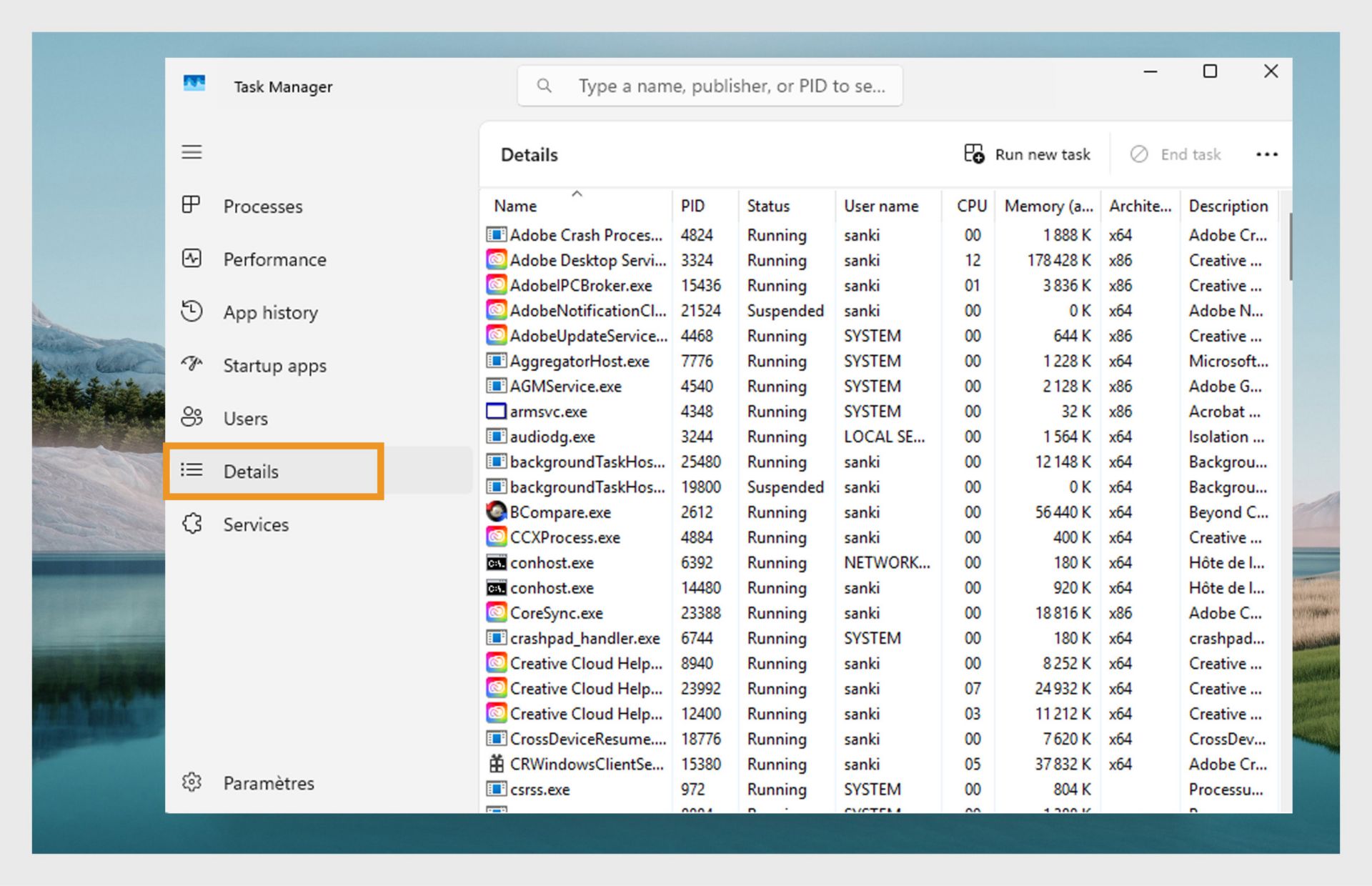 Une copie d'écran du Gestionnaire des tâches Windows dans l'onglet Détails, montrant une liste des processus en cours d'exécution.