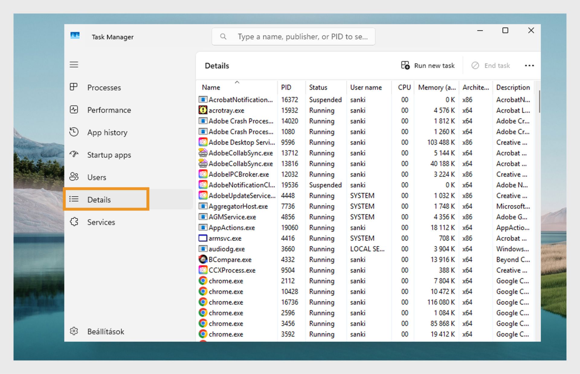 Képernyőkép a Windows Feladatkezelő Részletek lapjáról, amely a futó folyamatok listáját mutatja.