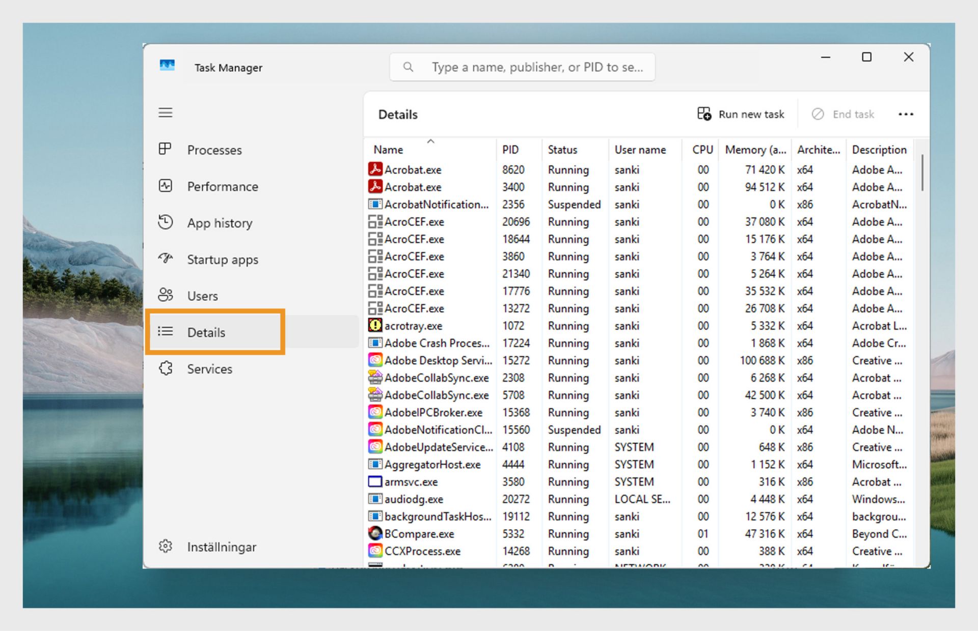 En skärmdump av Windows Aktivitetshanterare i fliken Detaljer, som visar en lista över pågående processer. 