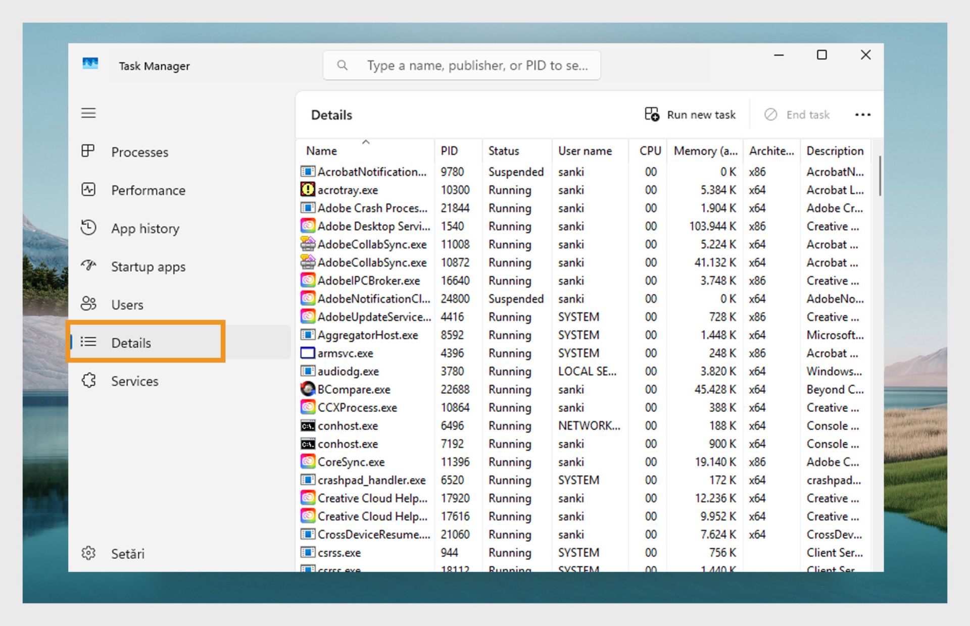 O captură de ecran a Managerului de activități Windows în fila Detalii, afișând o listă de procese în execuție.