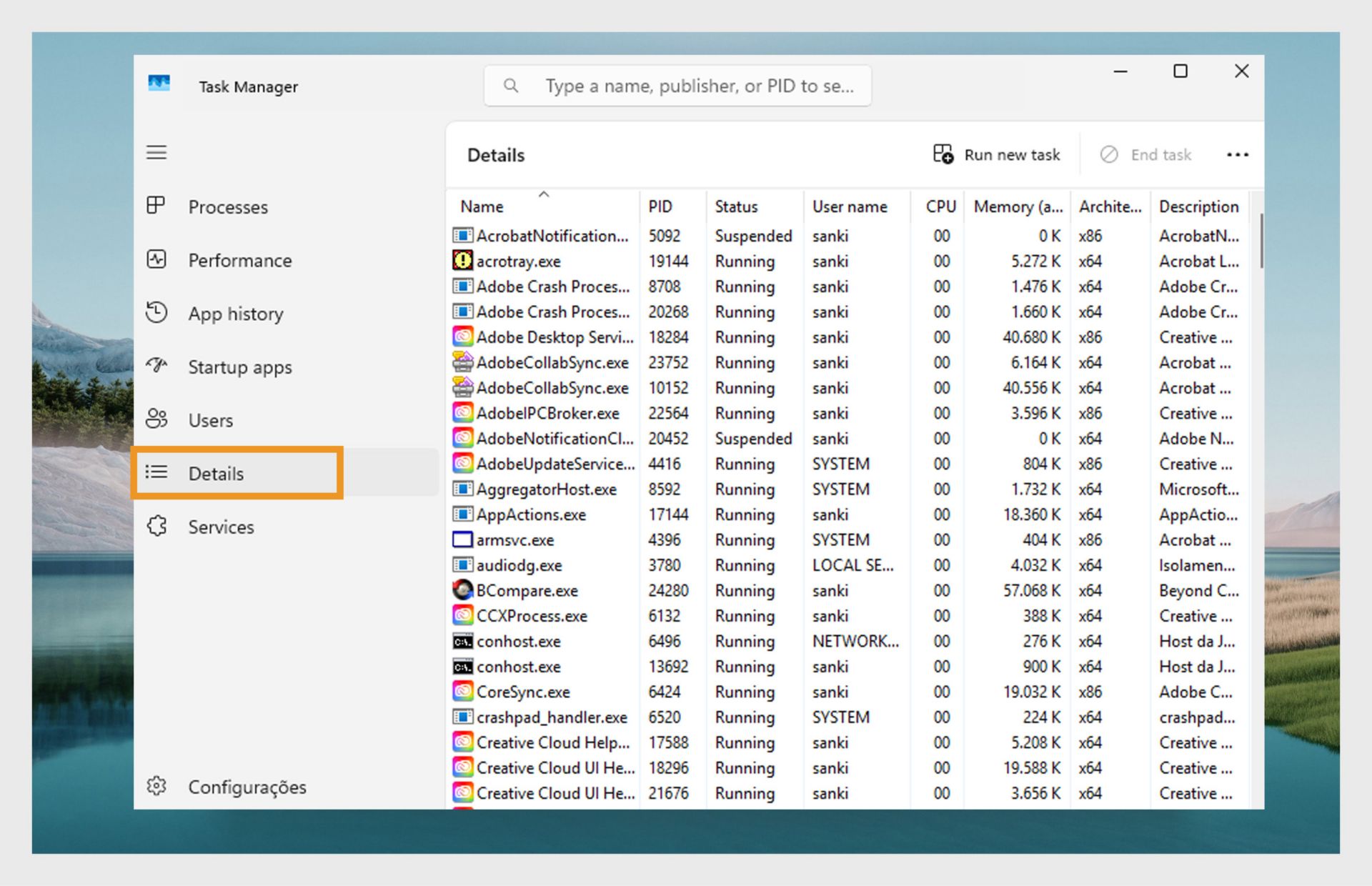 Uma captura de tela do Gerenciador de Tarefas do Windows na guia Detalhes, mostrando uma lista de processos em execução.
