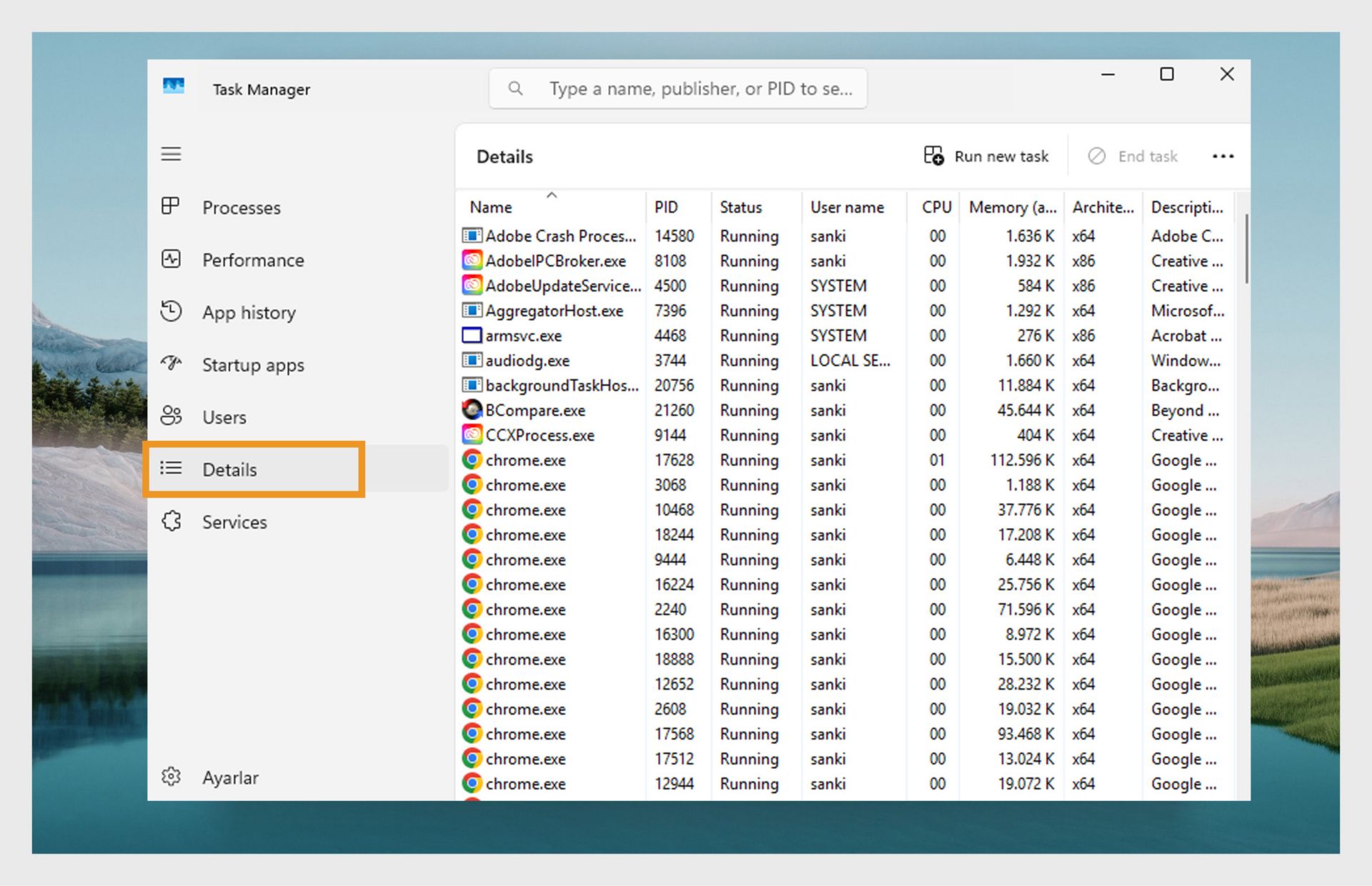 Windows Görev Yöneticisi'nin Ayrıntılar sekmesinde çalışan işlemlerin listesini gösteren bir ekran görüntüsü.