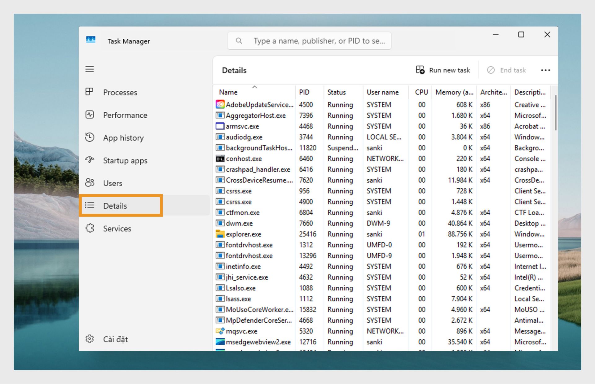 Ảnh chụp màn hình của Trình quản lý Tác vụ Windows trong tab Chi tiết, hiển thị danh sách các quy trình đang chạy.