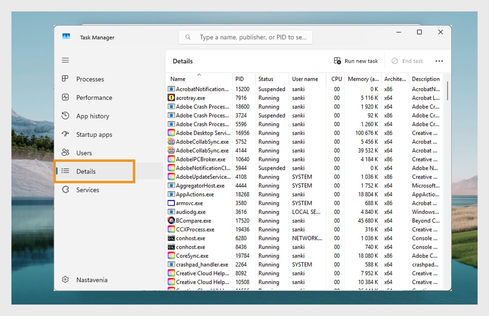 &quot;Snímka obrazovky Správcu úloh systému Windows na karte Podrobnosti zobrazujúca zoznam spustených procesov. 