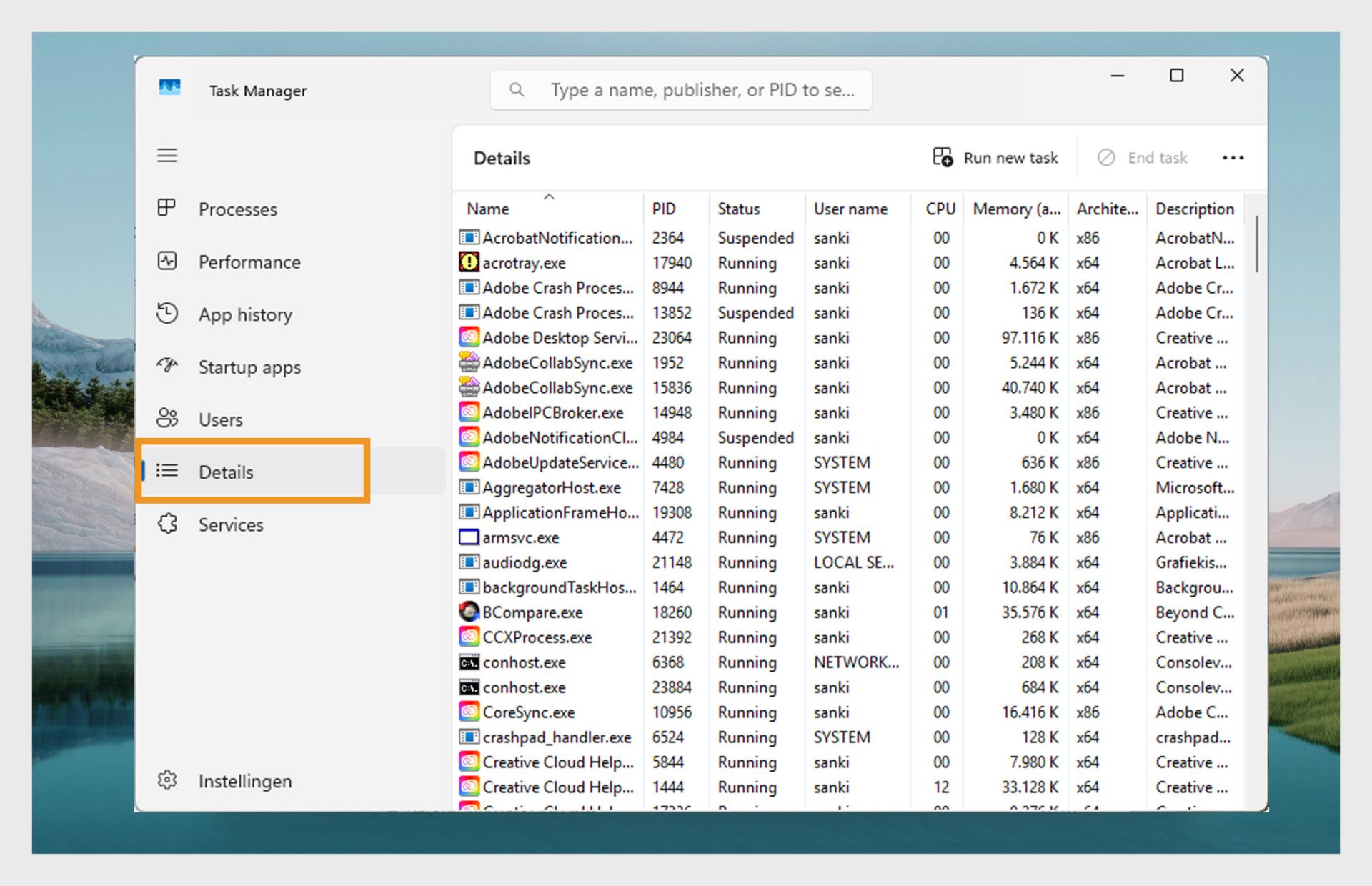 Een screenshot van Windows Taakbeheer op het tabblad Details, met een lijst van actieve processen. 