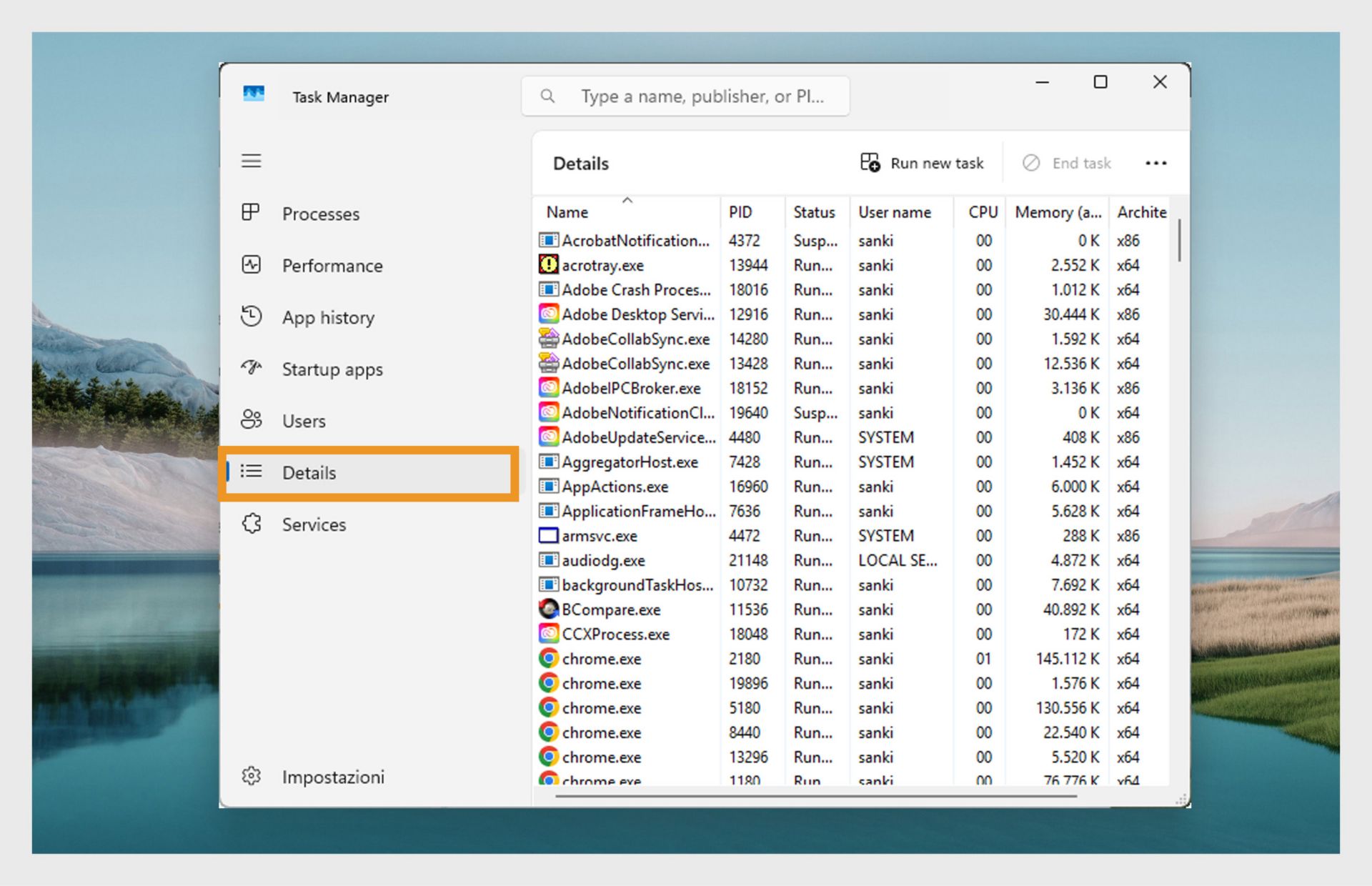 Una schermata di Gestione attività di Windows nella scheda Dettagli, che mostra un elenco dei processi in esecuzione. 