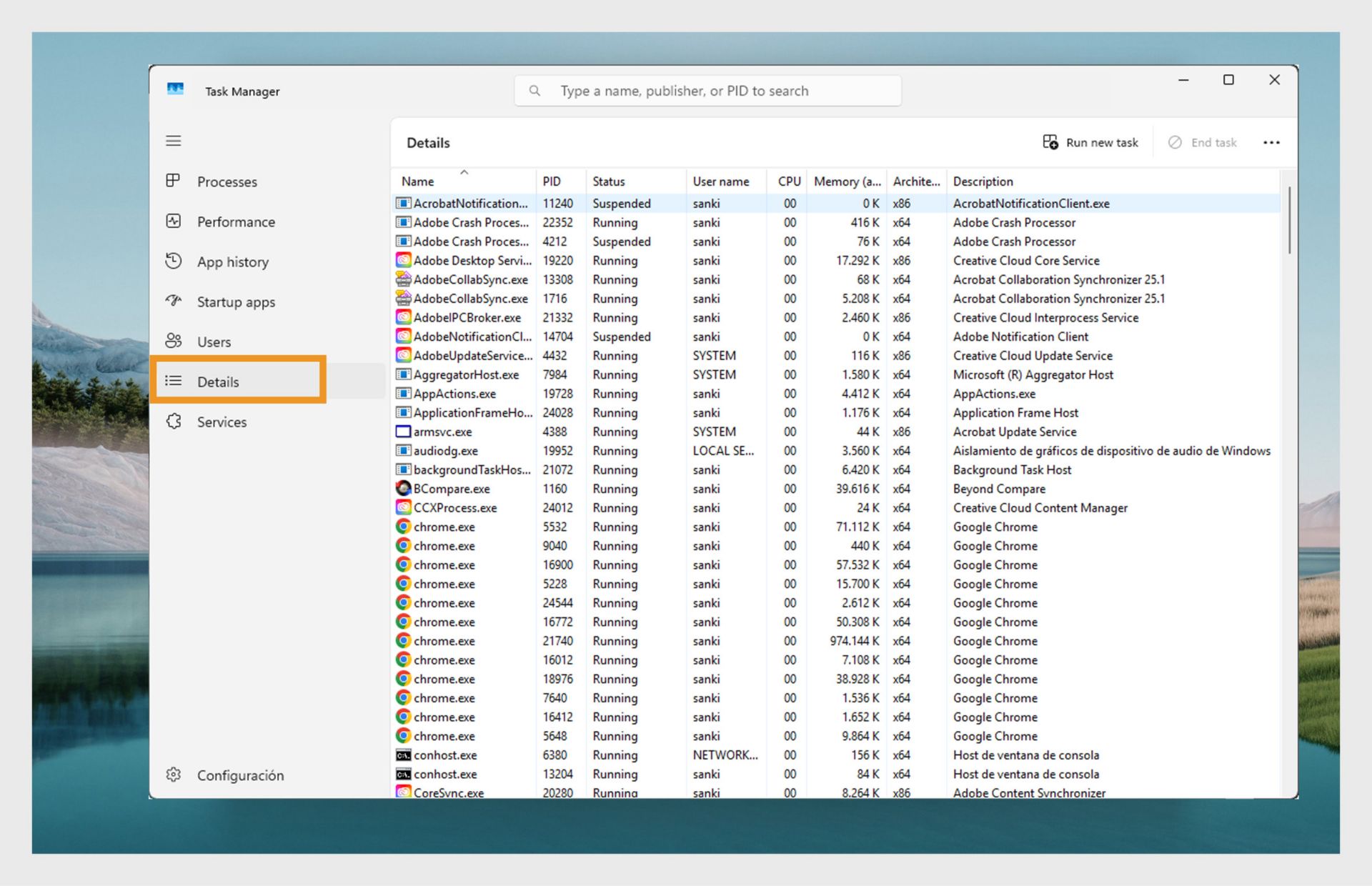 Una captura de pantalla del Administrador de tareas de Windows en la pestaña Detalles, que muestra una lista de procesos en ejecución. 