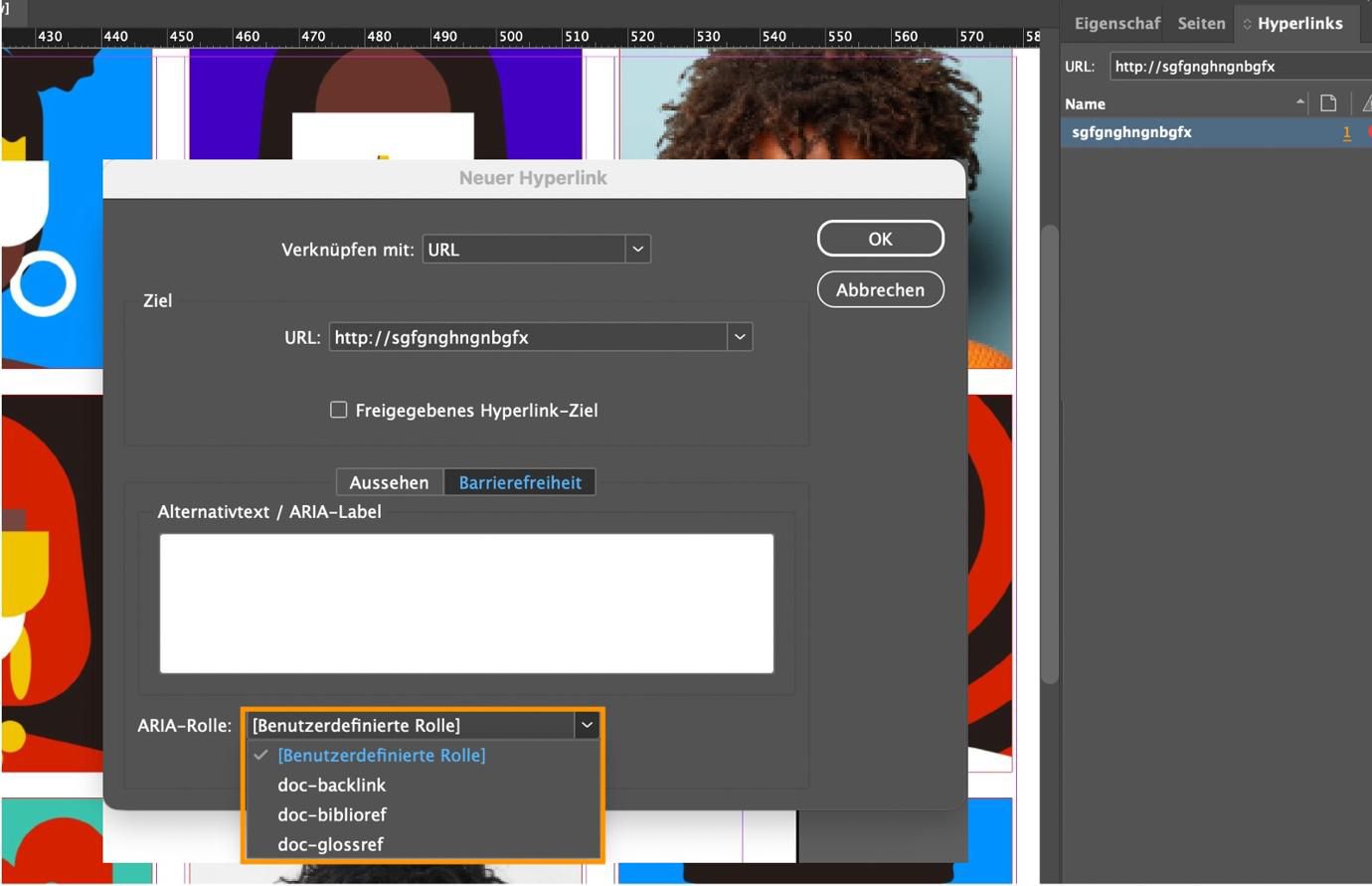 Ein Screenshot, der das Dialogfeld „Neuer Hyperlink“ mit dem Dropdown-Menü „ARIA-Rolle“ und den darin hervorgehobenen Optionen zeigt.