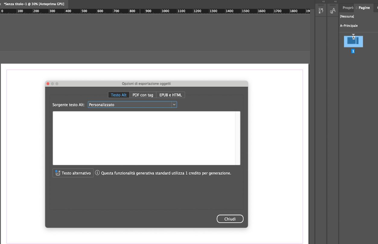Una schermata che mostra la finestra di dialogo Opzioni di esportazione degli oggetti, in cui l'origine del testo alternativo è impostata su Personalizzato.