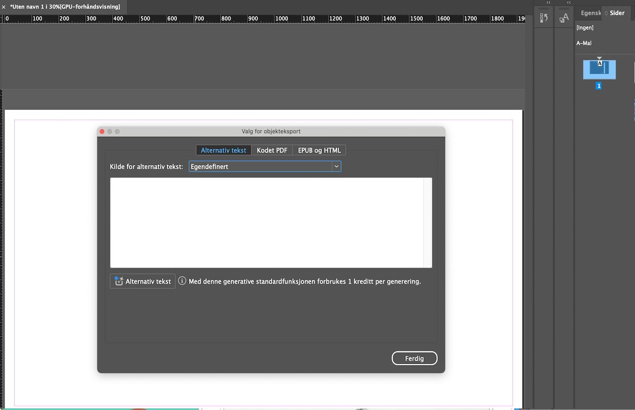 Et skjermbilde som viser dialogboksen Valg for objekteksport, med Egendefinert valgt som Alt-tekstkilde.