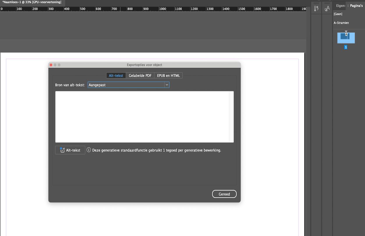 Een screenshot van het dialoogvenster Exportopties voor object, waarbij Bron van alt-tekst is geselecteerd als Aangepast.