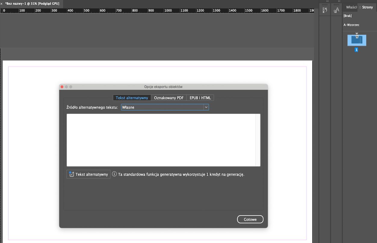 Zrzut ekranu przedstawiający okno dialogowe Opcje eksportu obiektów z wybranym ustawieniem Niestandardowe dla opcji Źródło tekstu alternatywnego.