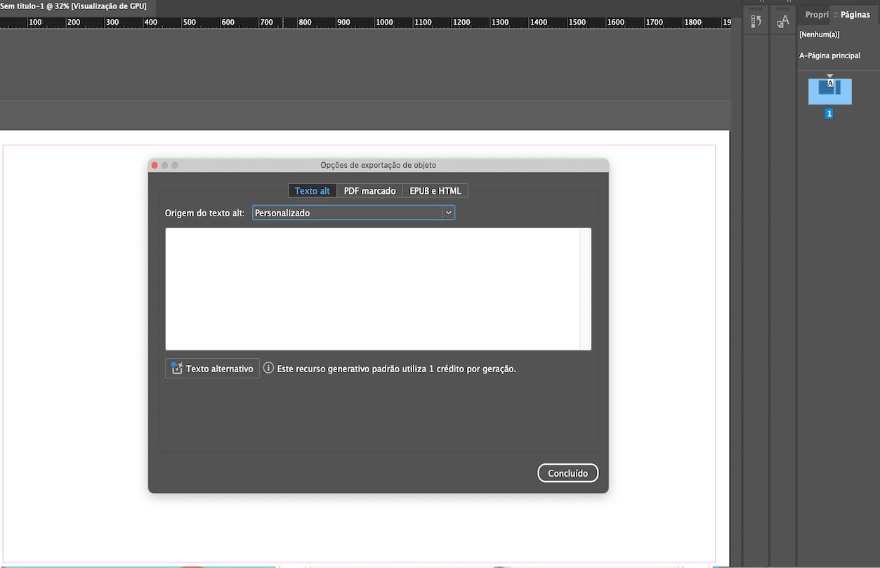 Uma captura de tela mostrando a caixa de diálogo Opções de exportação de objetos, com a opção Origem do texto alternativo selecionada como Personalizada.