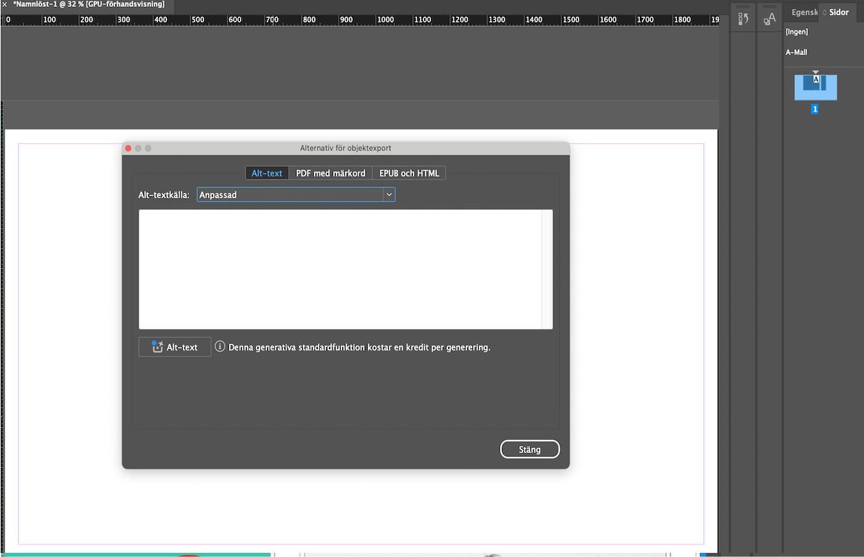 En skärmbild som visar dialogrutan Alternativ för objektexport, med alternativtextkällan markerad som Anpassad.