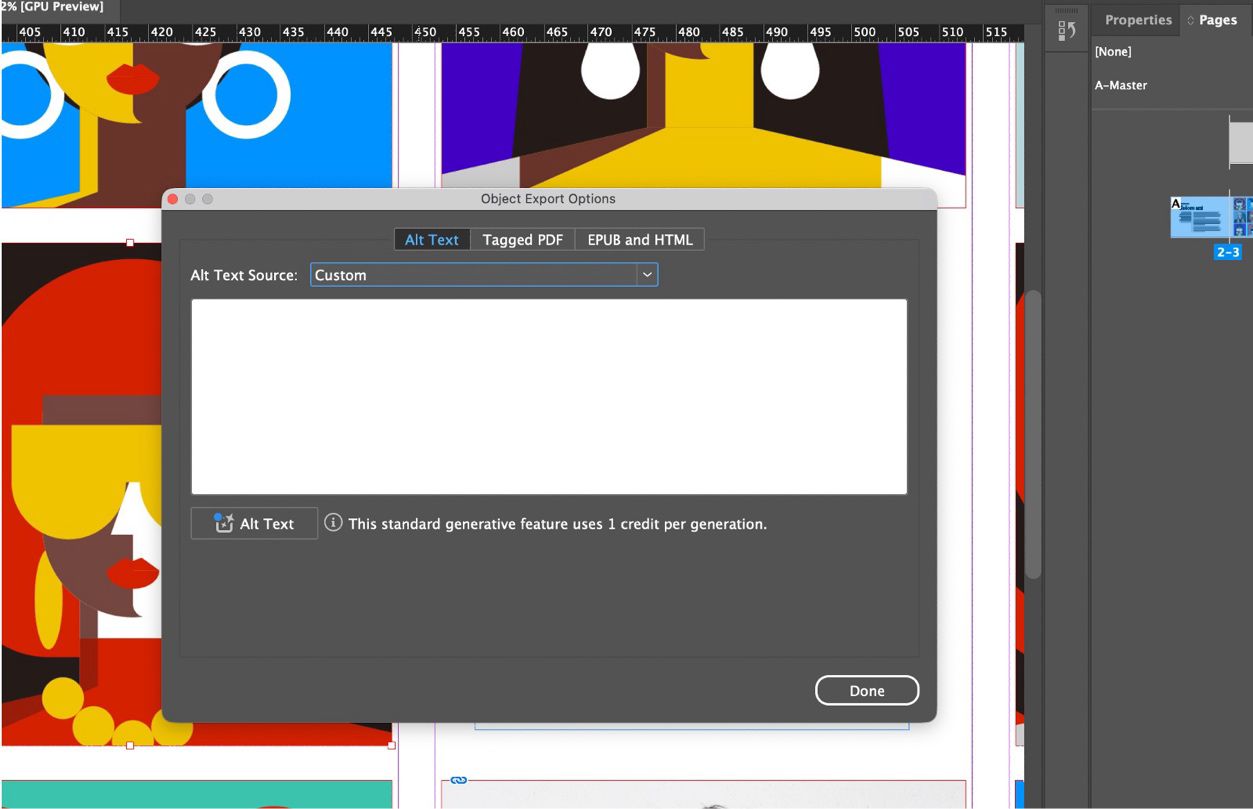 لقطة شاشة تُظهر مربع حوار Object Export Options، مع تحديد Alt Text Source كـ Custom.