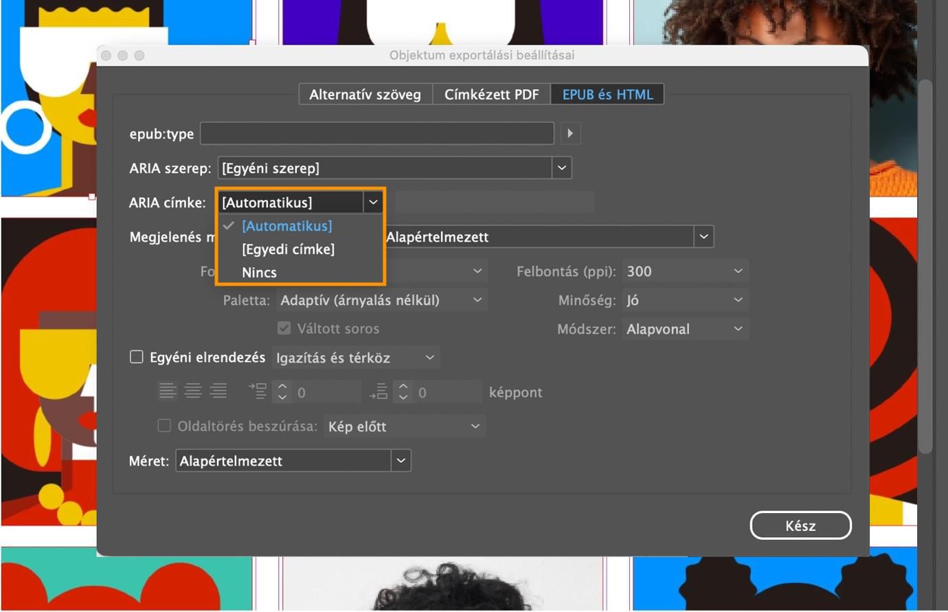 Képernyőkép az Object Export Options párbeszédpanelről, amelyen a kiemelt ARIA Label legördülő menü lehetőségei láthatók.