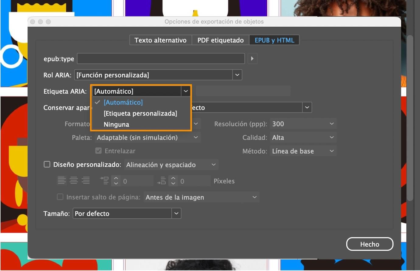 Una captura de pantalla que muestra el cuadro de diálogo Opciones de exportación de objeto con las opciones del menú desplegable Etiqueta ARIA resaltadas.