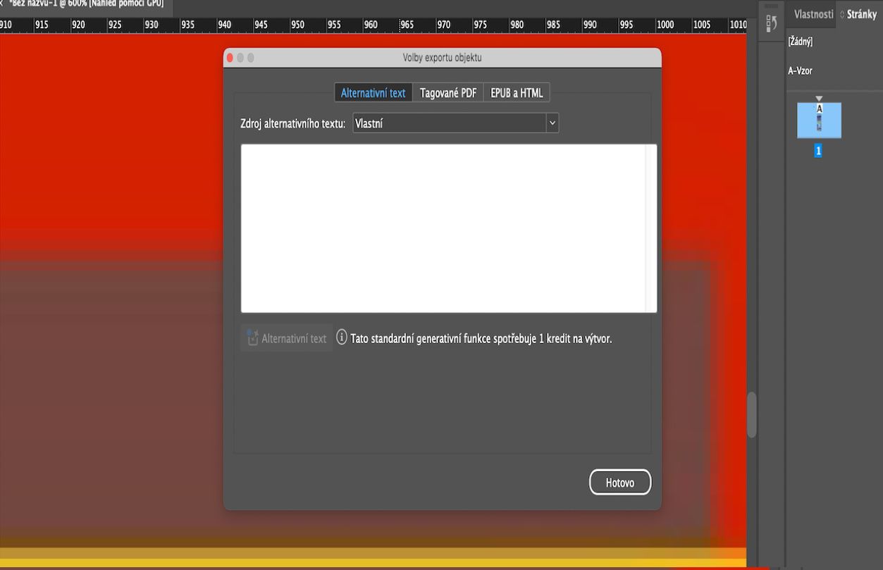 Snímek obrazovky zobrazující dialogové okno Možnosti exportu objektu s vybraným zdrojem alternativního textu zvoleným jako Vlastní.